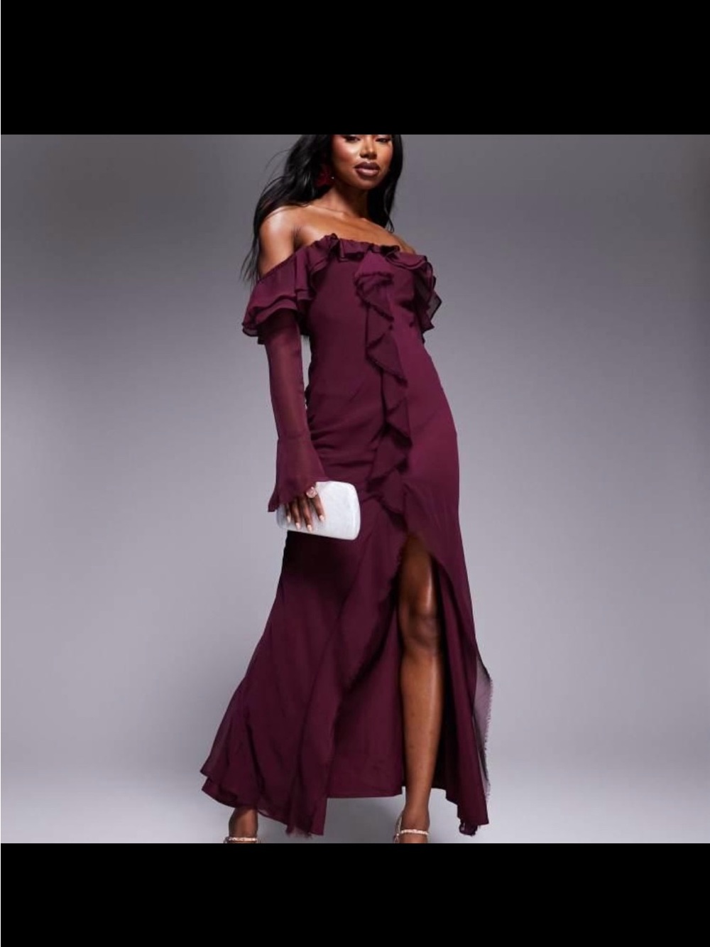 ASOS Off-Shoulder Ruffle Maxi Dress in Plum